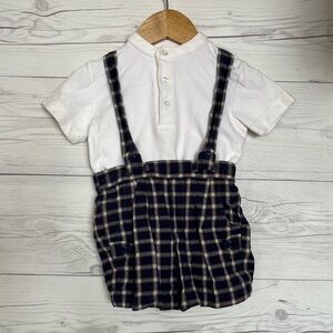 Vtg Class Club Baby Shirt Short Set Plaid Suspenders 100% Cotton Boys 12 Months